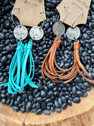 Buffalo Nickel Leather Tassel Hoop Earrings – Turquoise or Brown Western Fringe