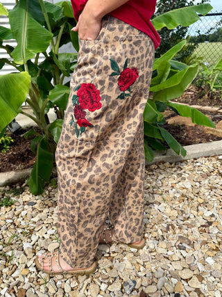 Embroidery detail Leopard Rose Barrel Pants for Women | Western Floral Wide Leg Cropped Jeans