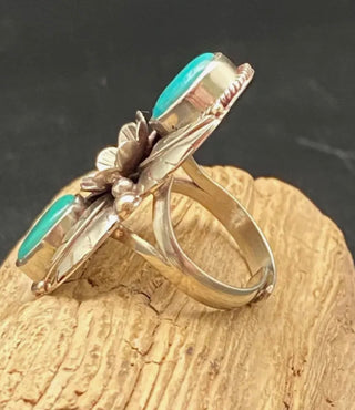 Nepal Turquoise Floral Statement Ring – German Silver Adjustable