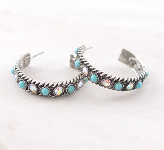 Turquoise & Crystal Western Hoop Earrings
