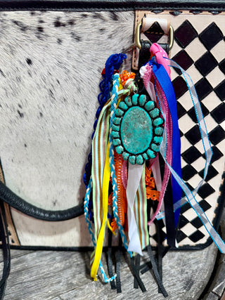 Western Turquoise Concho Purse Charm with Ribbon Fringe | Cowhide Bag Accessory Boho Southwestern Keychain