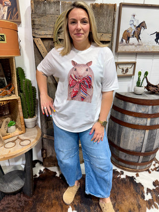 Patriotic Armadillo Graphic Tee with Bandana Bow – Cute Cowgirl Shirt – Southern Western Boutique T-Shirt