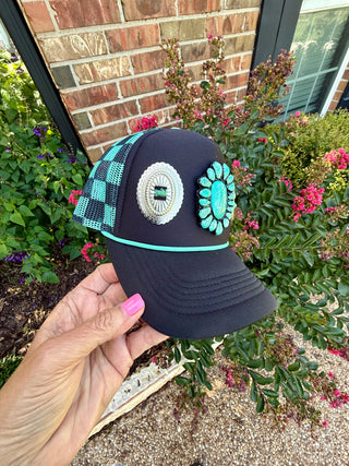 Western Concho Trucker Hat | Turquoise Cluster Patch Mesh Cap-Only One!