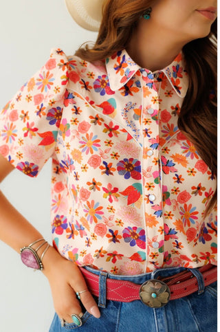 Howdy Hanny Western Show Ring Pearl Snap Blouse – Floral Cowgirl Button Up Top