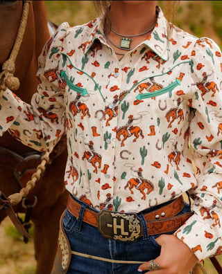 Howdy Hanny Western Bronc Pearl Snap Shirt for Women | Vintage Cowgirl Print Button Down