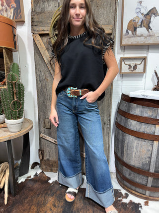 Black Saddle Stitch Mom Crop Sweater