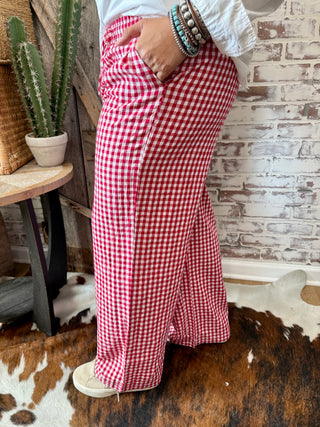 Red & White Gingham Wide-Leg Pants – Elastic Drawstring Lounge Trousers