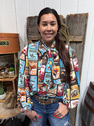 Vintage Rodeo Stamp Bow Tie Dressy Top