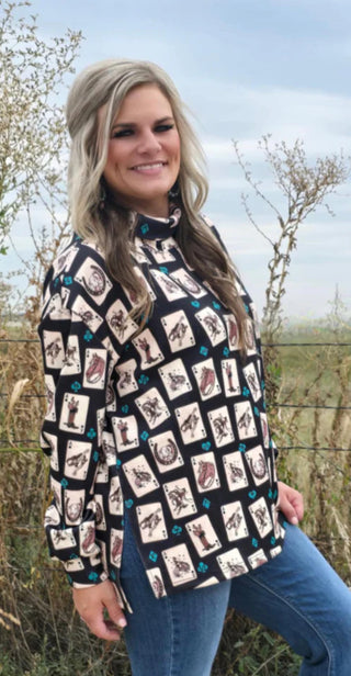 Luck of the Brand Mock Neck Top – Western Playing Card Print Long Sleeve