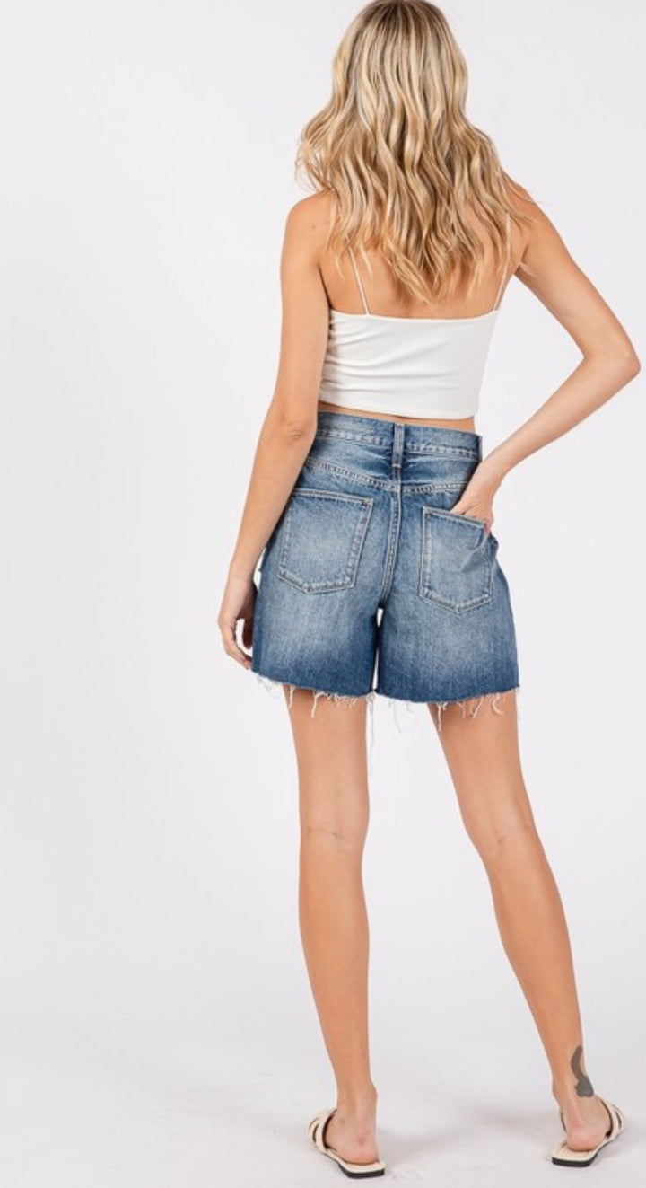 High Rise Relaxed Distressed Bermuda Shorts