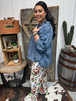 Western Chambray Denim Button-Up Blouse | Oversized-Loose Fit Cowgirl Top