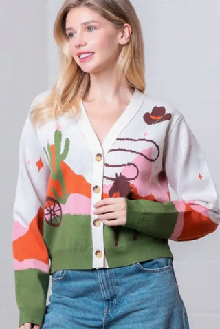 Western Desert Horse Cardigan Sweater | Beige Multi Cowboy Button-Up Knit