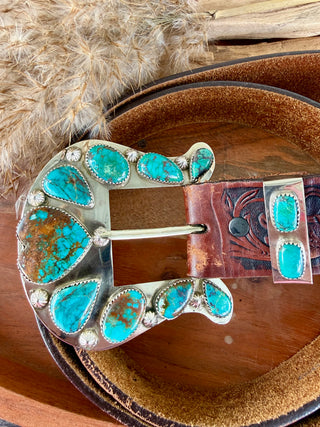 Genuine Turquoise Artisan Custom Statement Buckle & Keeper Set