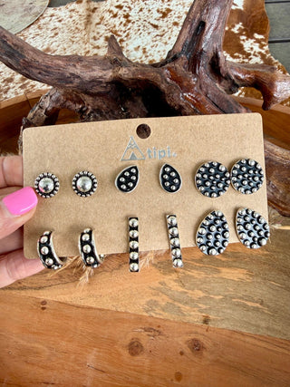 6 Pair Western Stud Earrings Set – Silver & Black Concho Style Studs & Hoops - Barbwire n Bougie Boutique