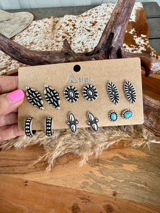 6 Pair Western Turquoise & Silver Stud Earrings Set – Concho, Cross & Hoop Styles - Barbwire n Bougie Boutique