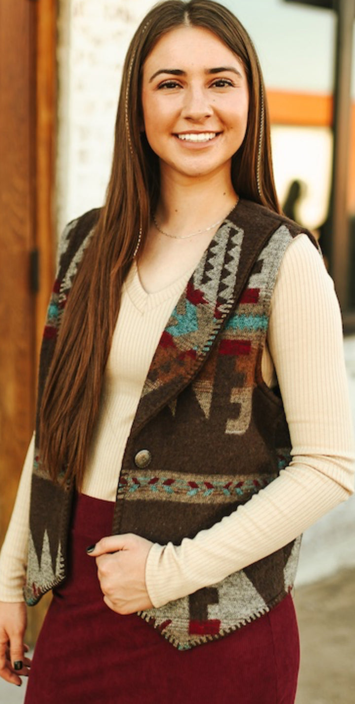 Brown Western Aztec Wool Concho Button Vest