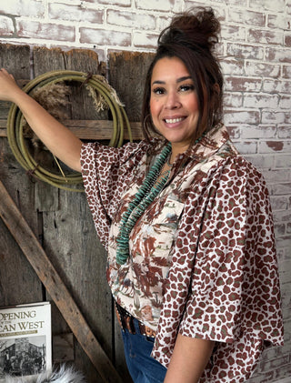 Wild & Western Retro Cowboy Print Pearl Snap Top