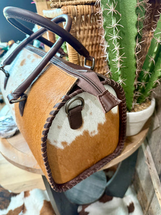 Large Brown Cowhide Buck Stitched Speedy Duffle Bag Style Purse