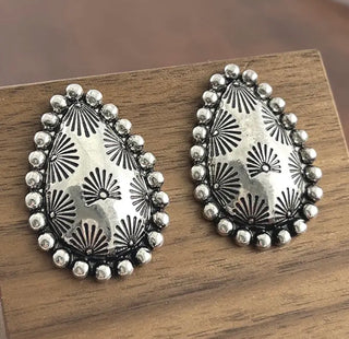 Silver Sunburst Teardrop Western Concho Earrings