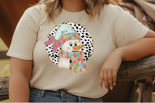 Tan Pastel Snowman Christmas Tee – Dalmatian Print Holiday Graphic Shirt