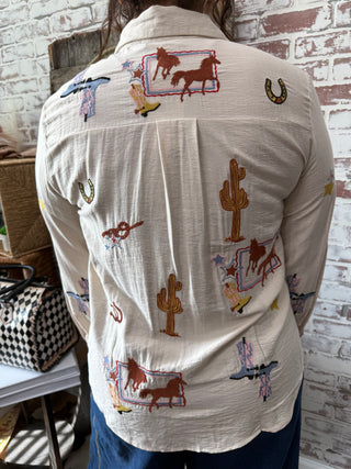 Cowgirl Western Embroidered Button Down Shirt – Horses, Cactus & Rodeo Print