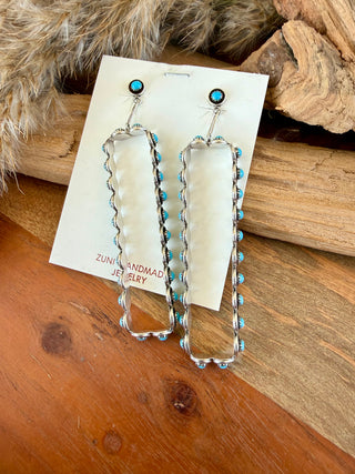 Zuni Native American Turquoise Sterling Silver Long Hoop Earrings