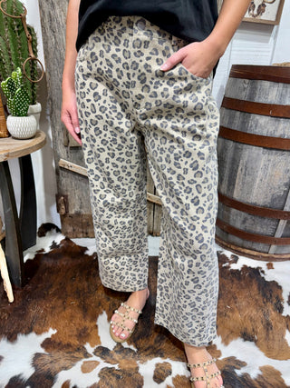Easel Leopard Print Barrel Pants for Women | Mineral Washed Wide Leg Pants