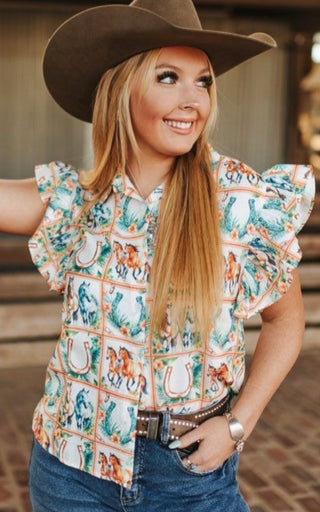 Wild Horses Patchwork Western Blouse – Ruffle Sleeve Cowgirl Top-Plus Size Too!
