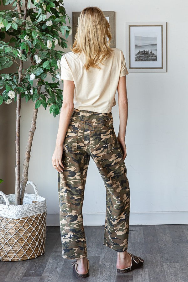 Washed Distressed & Paint Splashed Camo Barrel Jeans