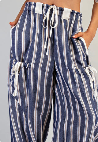 Striped Drawstring Cargo Jogger Pants | Relaxed Fit Bottoms-Navy