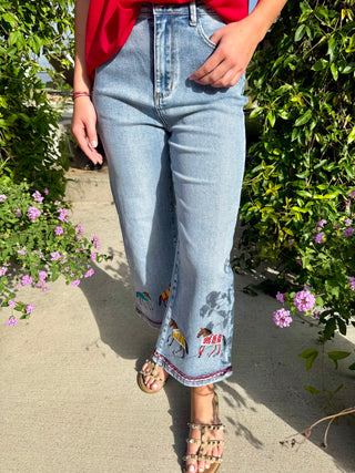 Embroidered Horse Cropped Wide Leg Jeans | Western Denim Capris for Women