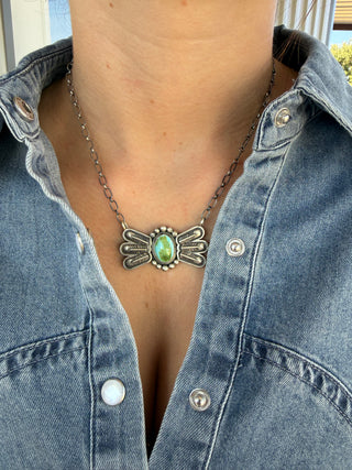 Sonoran Gold Turquoise Sterling Silver Wing Necklace- Native Verley Betone