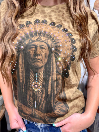 Native Warrior Rhinestone Leopard Graphic Tee | Western Graphic T-Shirt