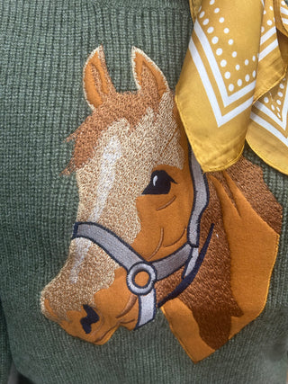 Olive Green Horse Head Sweater – Western Cowgirl Knit Pullover