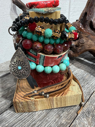 Western Turquoise & Red Bracelet Stack with Leather Cuff, Concho & Crystal Charm-Set Of 7