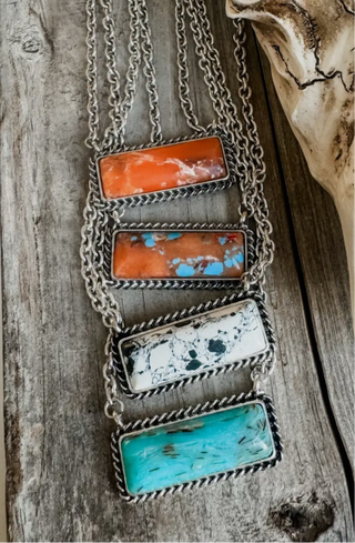 Southwestern Rectangular Bar Necklace– Turquoise, Spiny Oyster ,White Buffalo & Mosaic
