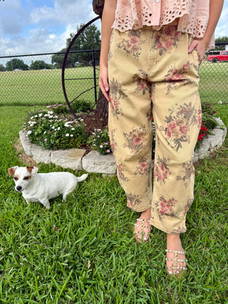 Easel Vintage Floral Barrel Pants | Mineral Washed Cotton Twill Pants- Oatmeal