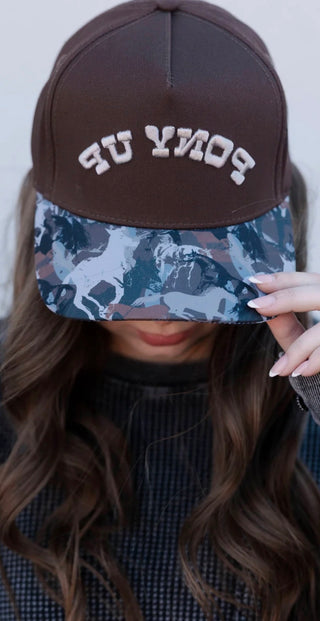 Up close 2 Fly Co Pony Up Trucker Hat | Brown Western Horse Print Cap for Women