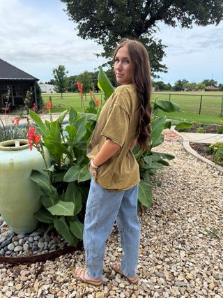 Vintage Western Warrior Graphic Tee for Women | Mineral Washed Olive Relaxed  T-Shirt