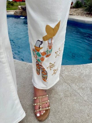 Howdy Cowgirl Embroidered Western Pants | White Cropped Cowgirl Jeans