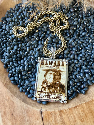 Chief Sitting Bull Western Reward Pendant Necklace | Vintage Wild West Statement Chain