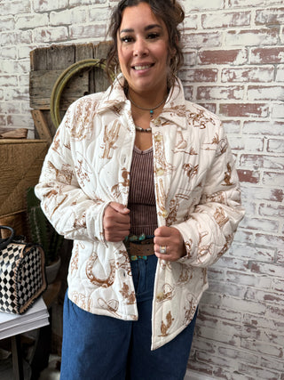 Cowgirl Western Print Quilted Jacket – Horseshoe & Cowboy Boot Design