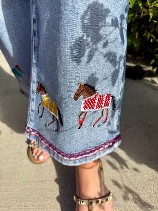 Leg embroidery details on Embroidered Horse Cropped Wide Leg Jeans | Western Denim Capris for Women