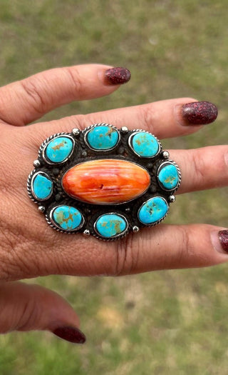 Kingman Turquoise & Orange Spiny Oyster Statement Ring | Adjustable Western Boho Ring- Tibetan Silver