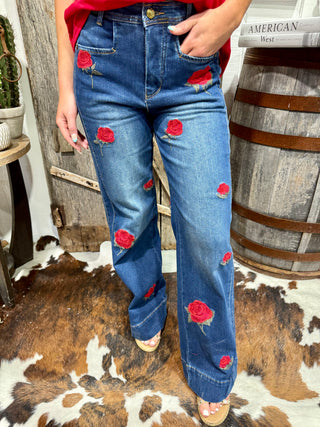 Rose Embroidered Wide Leg Jeans | Floral Western Denim for Women