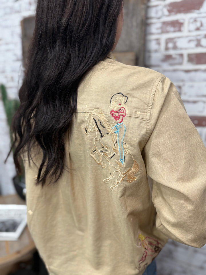 Yippee Ki Yay Embroidered Linen Western Top-Camel