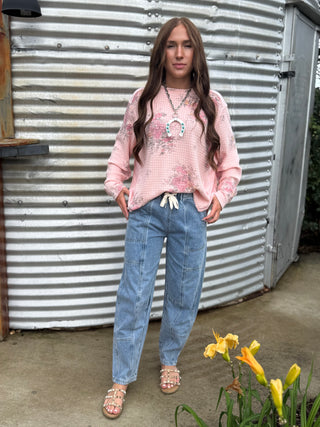 Mid Rise Drawstring Barrel Jeans for Women | Relaxed Fit Lightweight Denim Pants
