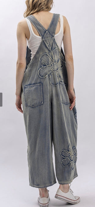 Vintage Flower Patch Denim Overalls | Boho Embroidered Wide Leg Jumpsuit
