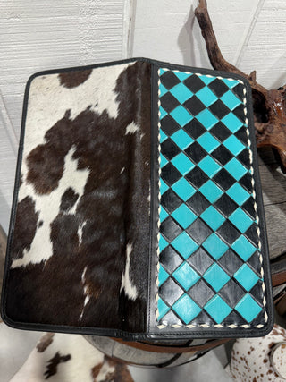 Cowhide & Turquoise Checkered Woven Jewelry Book Box | Western Travel Organizer