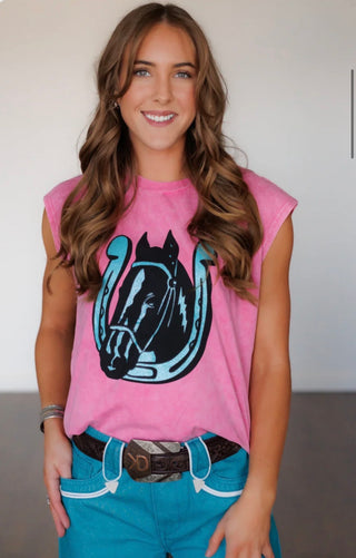 Pink Western Horse Graphic Tee – Turquoise Horseshoe Cowgirl Shirt | Western Boho Boutique Muscle Tee
